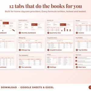 All 12 tabs of the bookkeeping spreadsheet: dashboards, income, expenses, mileage, unpaid invoices, top clients, tax summary