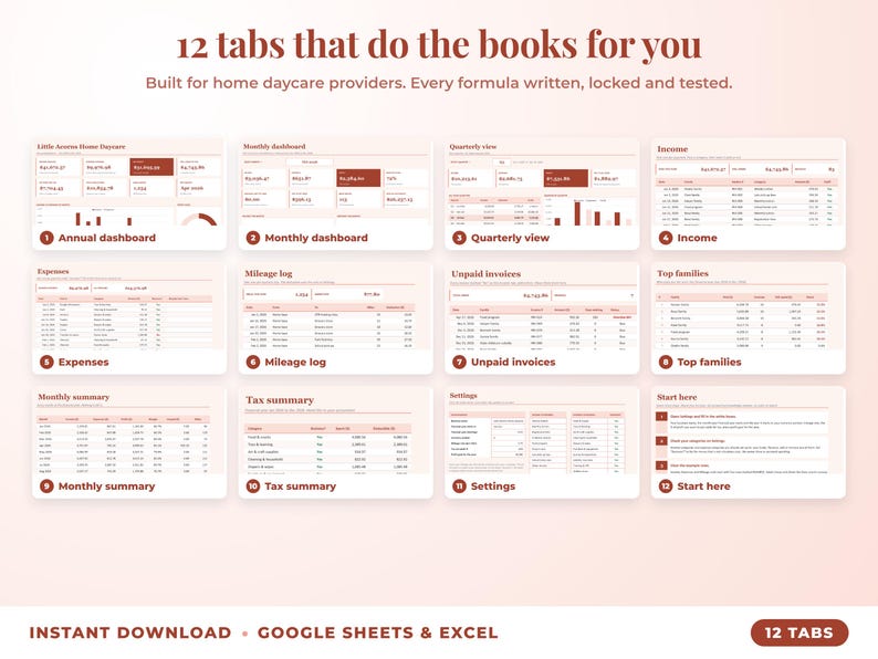 All 12 tabs of the bookkeeping spreadsheet: dashboards, income, expenses, mileage, unpaid invoices, top clients, tax summary