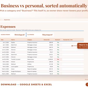 Expenses sheet where business or personal is filled in automatically from the category