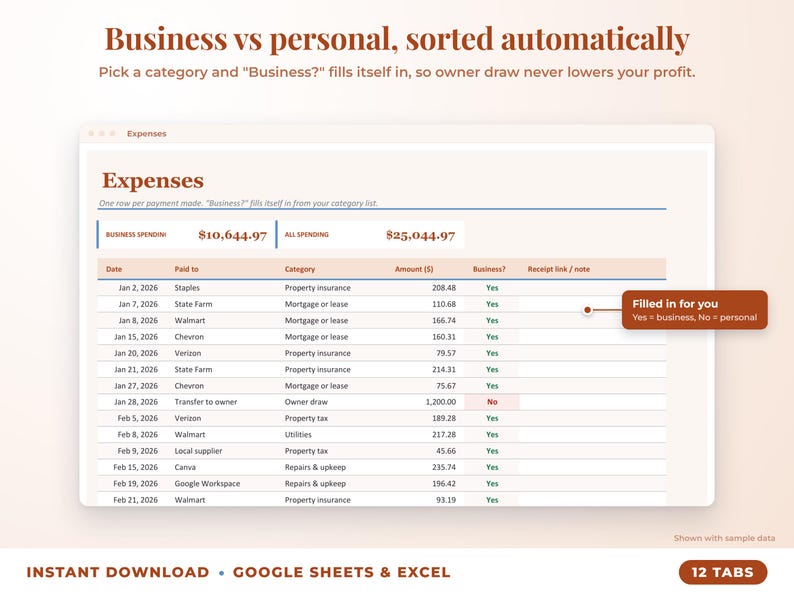 Expenses sheet where business or personal is filled in automatically from the category
