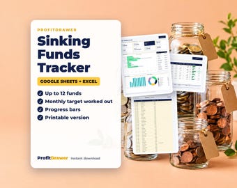 Könnte beinhalten: Ein digitaler Sinking Funds Tracker für Google Sheets und Excel von ProfitDrawer. Die weiße Infokarte listet Funktionen wie bis zu 12 Fonds, monatliche Ziele, Fortschrittsbalken und eine druckbare Version neben mit Münzen gefüllten Gläsern auf.