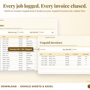 Income sheet and unpaid invoices list with overdue flags