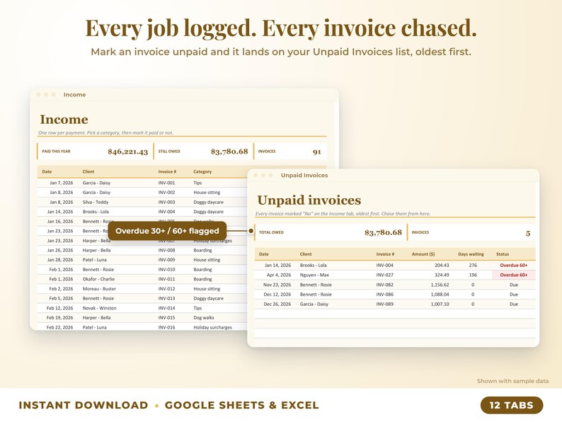 Income sheet and unpaid invoices list with overdue flags