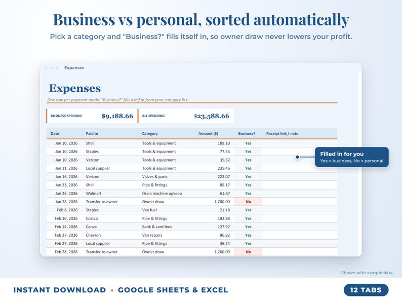 Expenses sheet where business or personal is filled in automatically from the category