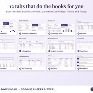 All 12 tabs of the bookkeeping spreadsheet: dashboards, income, expenses, mileage, unpaid invoices, top clients, tax summary