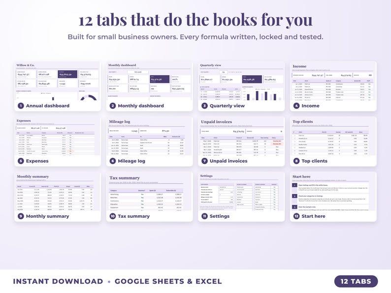 All 12 tabs of the bookkeeping spreadsheet: dashboards, income, expenses, mileage, unpaid invoices, top clients, tax summary