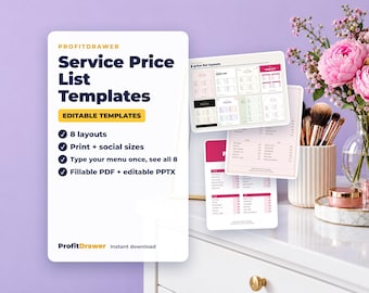 May include: A digital product display featuring ProfitDrawer Service Price List Templates with eight layouts, print and social sizes, and fillable PDF or editable PPTX options. The white rectangular sign includes dark blue text and yellow accents.