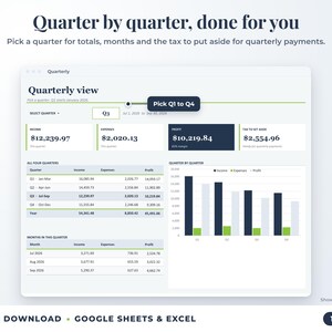Quarterly view with quarter selector, quarterly totals, chart and tax set-aside