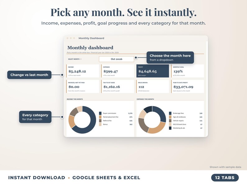 Monthly dashboard with a month dropdown, monthly profit, goal progress and category breakdown