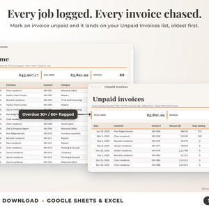 Income sheet and unpaid invoices list with overdue flags