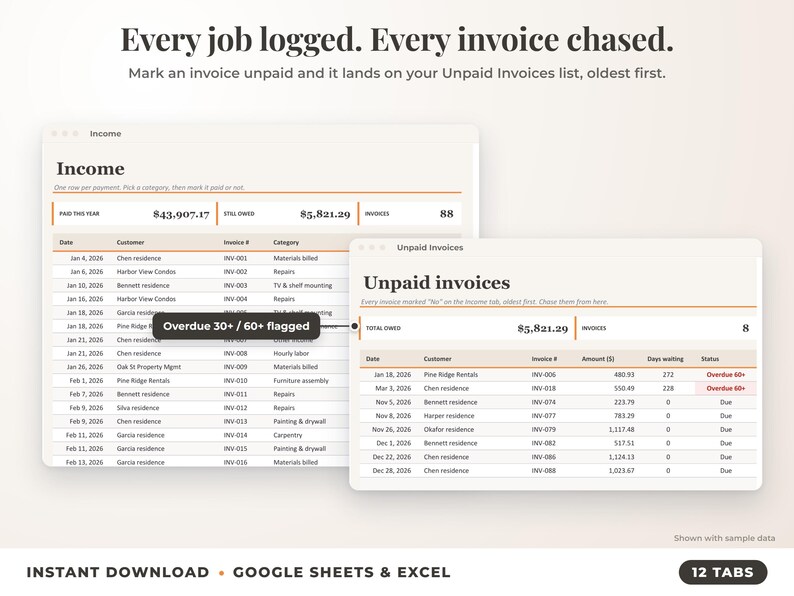 Income sheet and unpaid invoices list with overdue flags