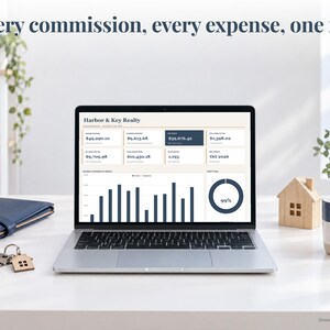 Realtor bookkeeping spreadsheet annual dashboard open on a laptop on a desk