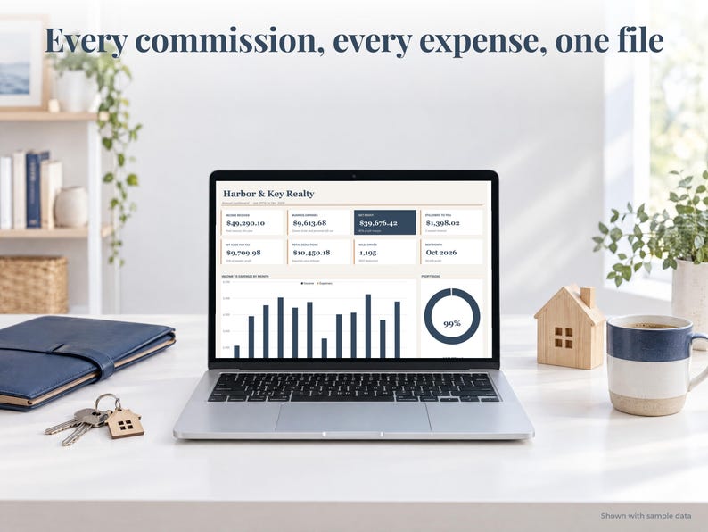 Realtor bookkeeping spreadsheet annual dashboard open on a laptop on a desk
