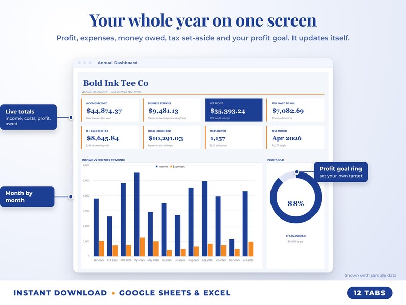 Annual dashboard with income, expenses, net profit, money owed, profit goal ring and category charts