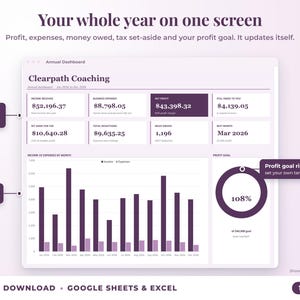 Annual dashboard with income, expenses, net profit, money owed, profit goal ring and category charts