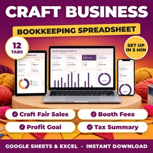 Craft Business bookkeeping spreadsheet for Google Sheets and Excel on laptop, tablet and phone