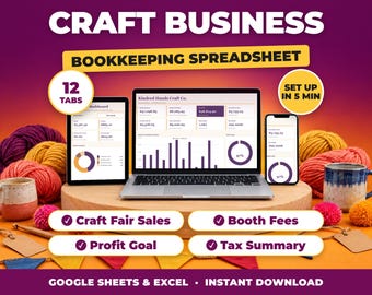 Kalkylblad för bokföring av hantverksföretag, försäljningsspårning för hantverksmässor och -marknader, utgifter för handgjorda företag, skattesammanfattning (Google Sheets + Excel)