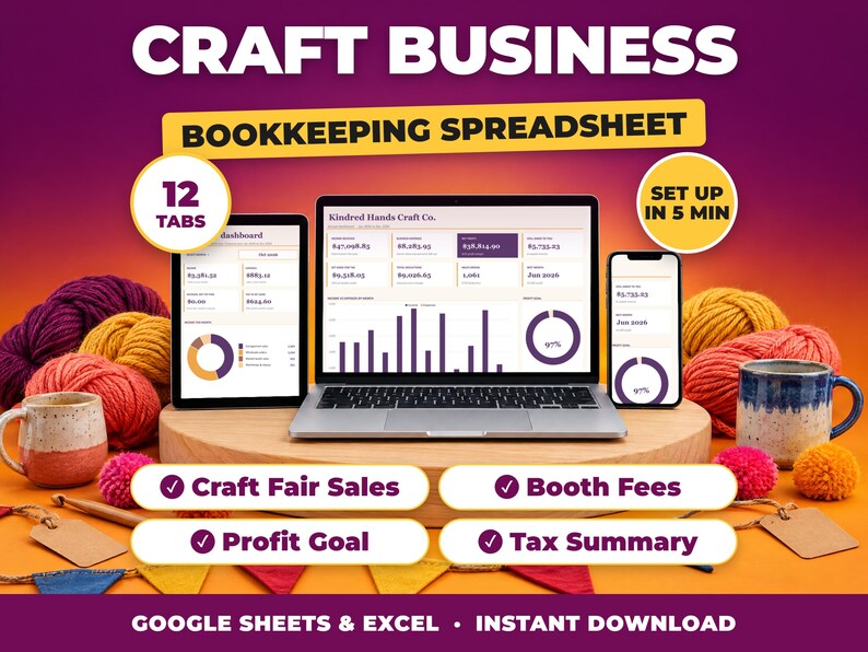 Craft Business bookkeeping spreadsheet for Google Sheets and Excel on laptop, tablet and phone