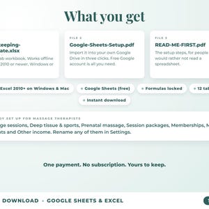 What is included: 12-tab Excel workbook, Google Sheets setup guide and read-me-first guide
