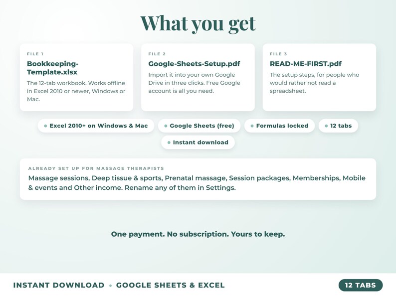 What is included: 12-tab Excel workbook, Google Sheets setup guide and read-me-first guide