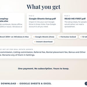 What is included: 12-tab Excel workbook, Google Sheets setup guide and read-me-first guide
