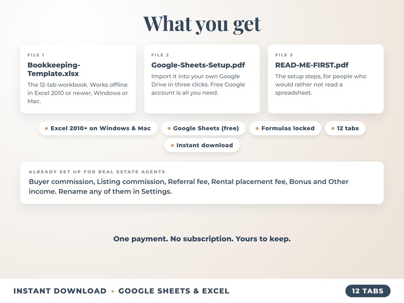 What is included: 12-tab Excel workbook, Google Sheets setup guide and read-me-first guide