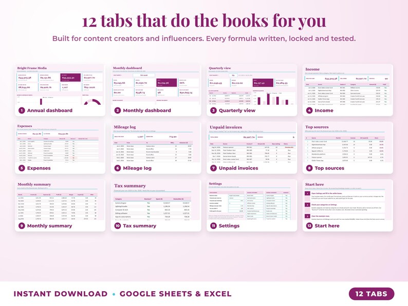 All 12 tabs of the bookkeeping spreadsheet: dashboards, income, expenses, mileage, unpaid invoices, top clients, tax summary