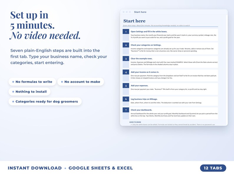 Start here tab with seven setup steps, no video needed