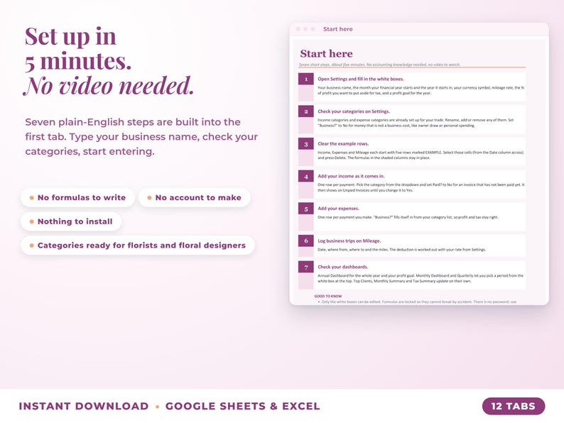 Start here tab with seven setup steps, no video needed