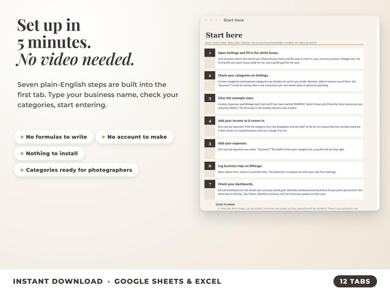 Start here tab with seven setup steps, no video needed