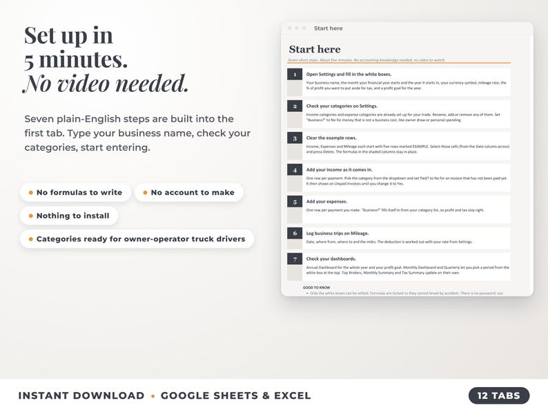 Start here tab with seven setup steps, no video needed