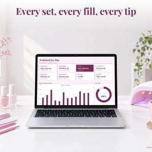 Nail Tech bookkeeping spreadsheet annual dashboard open on a laptop on a desk