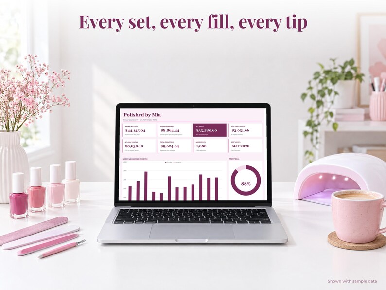Nail Tech bookkeeping spreadsheet annual dashboard open on a laptop on a desk