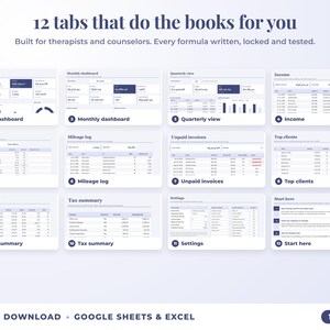 All 12 tabs of the bookkeeping spreadsheet: dashboards, income, expenses, mileage, unpaid invoices, top clients, tax summary