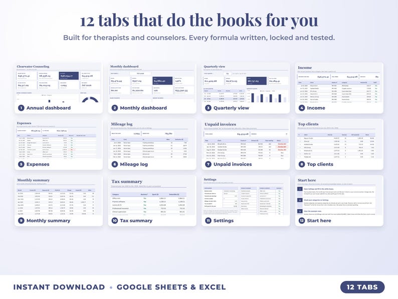 All 12 tabs of the bookkeeping spreadsheet: dashboards, income, expenses, mileage, unpaid invoices, top clients, tax summary