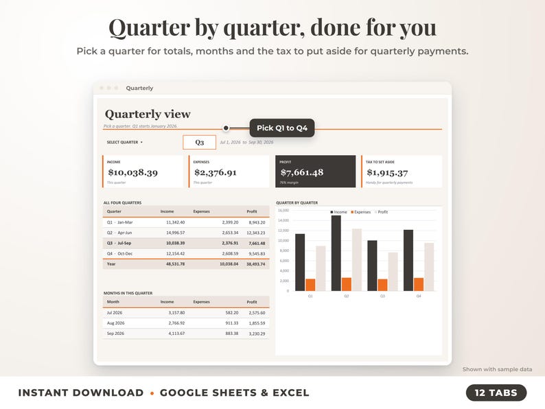 Quarterly view with quarter selector, quarterly totals, chart and tax set-aside