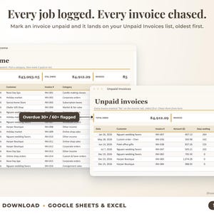 Income sheet and unpaid invoices list with overdue flags