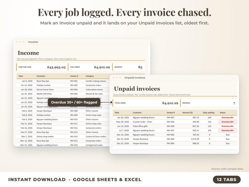 Income sheet and unpaid invoices list with overdue flags