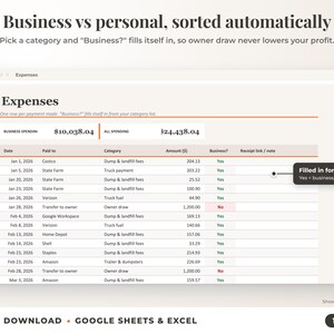 Expenses sheet where business or personal is filled in automatically from the category