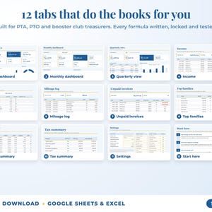 All 12 tabs of the bookkeeping spreadsheet: dashboards, income, expenses, mileage, unpaid invoices, top clients, tax summary