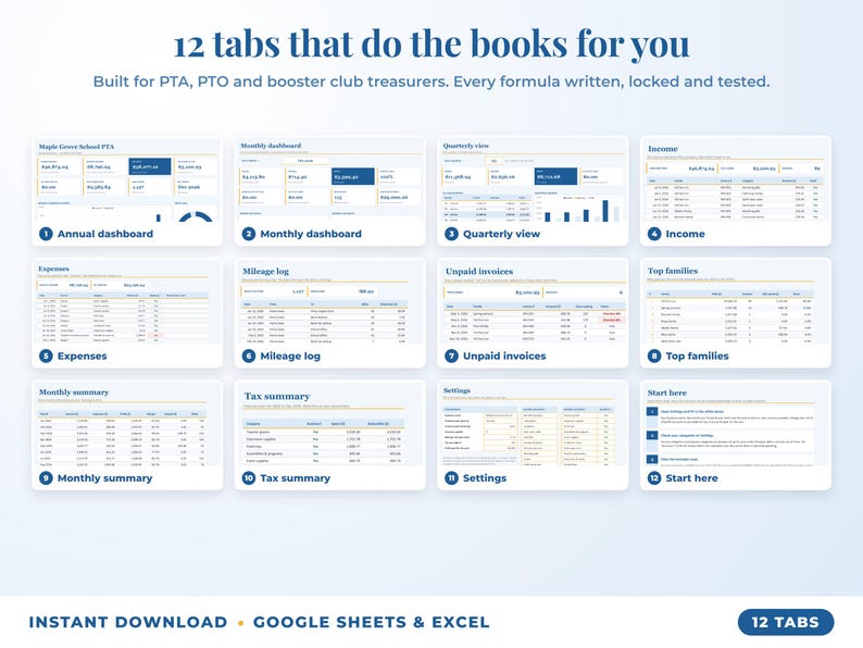 All 12 tabs of the bookkeeping spreadsheet: dashboards, income, expenses, mileage, unpaid invoices, top clients, tax summary