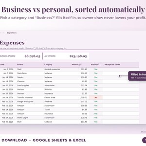 Expenses sheet where business or personal is filled in automatically from the category
