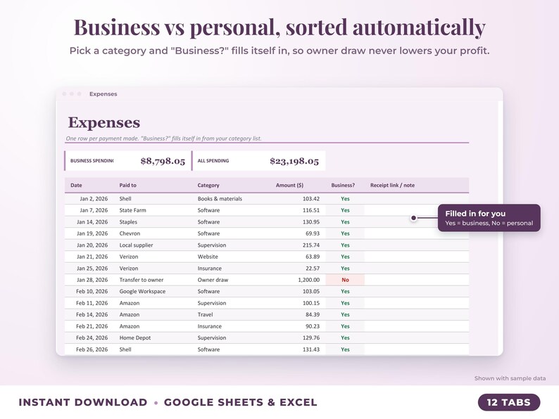 Expenses sheet where business or personal is filled in automatically from the category
