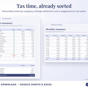 Tax summary with deductible totals, mileage deduction and suggested tax set-aside, plus monthly summary