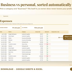 Expenses sheet where business or personal is filled in automatically from the category