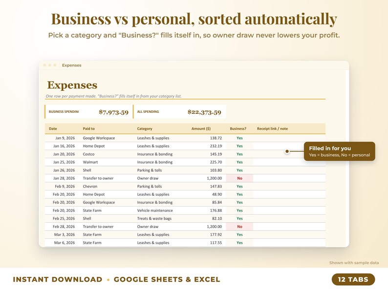 Expenses sheet where business or personal is filled in automatically from the category