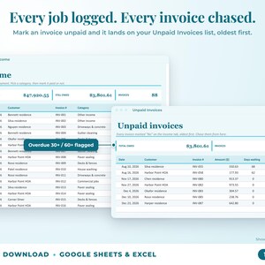 Income sheet and unpaid invoices list with overdue flags