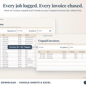 Income sheet and unpaid invoices list with overdue flags