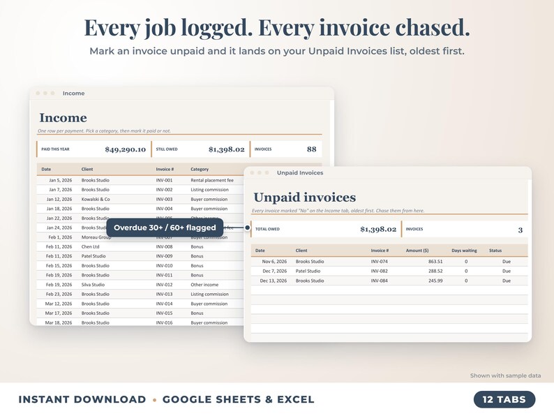 Income sheet and unpaid invoices list with overdue flags