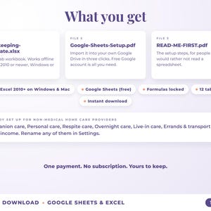 What is included: 12-tab Excel workbook, Google Sheets setup guide and read-me-first guide